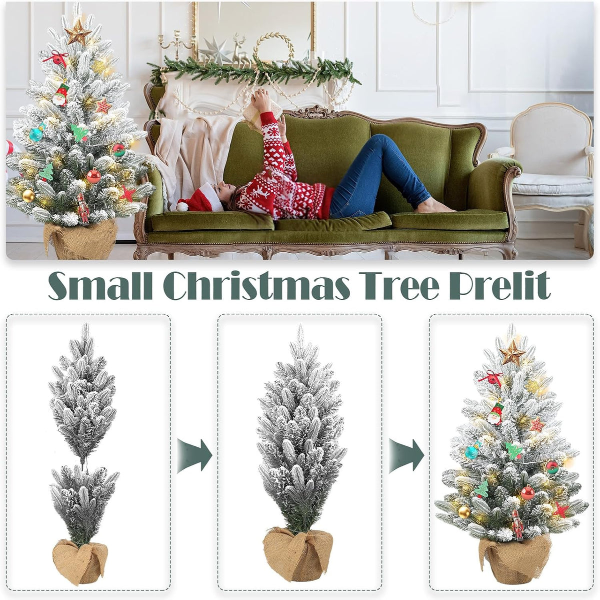 Gfilay 3ft Flocked Prelit Christmas Tree with 60 LED Lights and 8 Modes