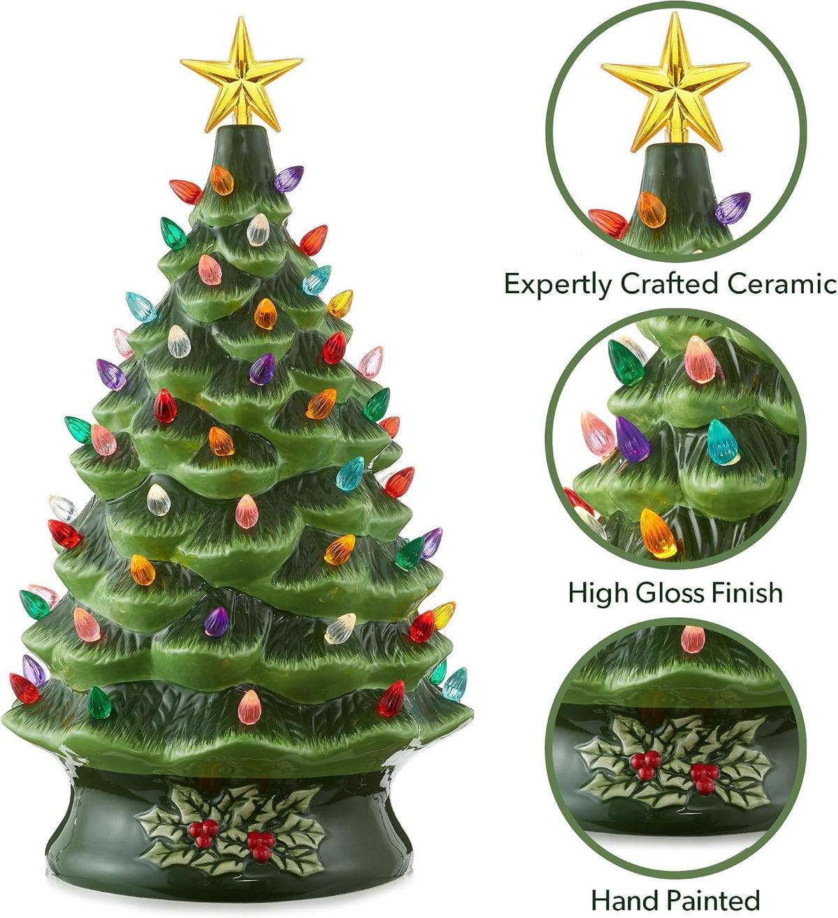 Casafield Hand Painted Ceramic Christmas Tree, Green 24-Inch Pre-Lit Tree with 148 Multi Color Lights and 2 Star Toppers