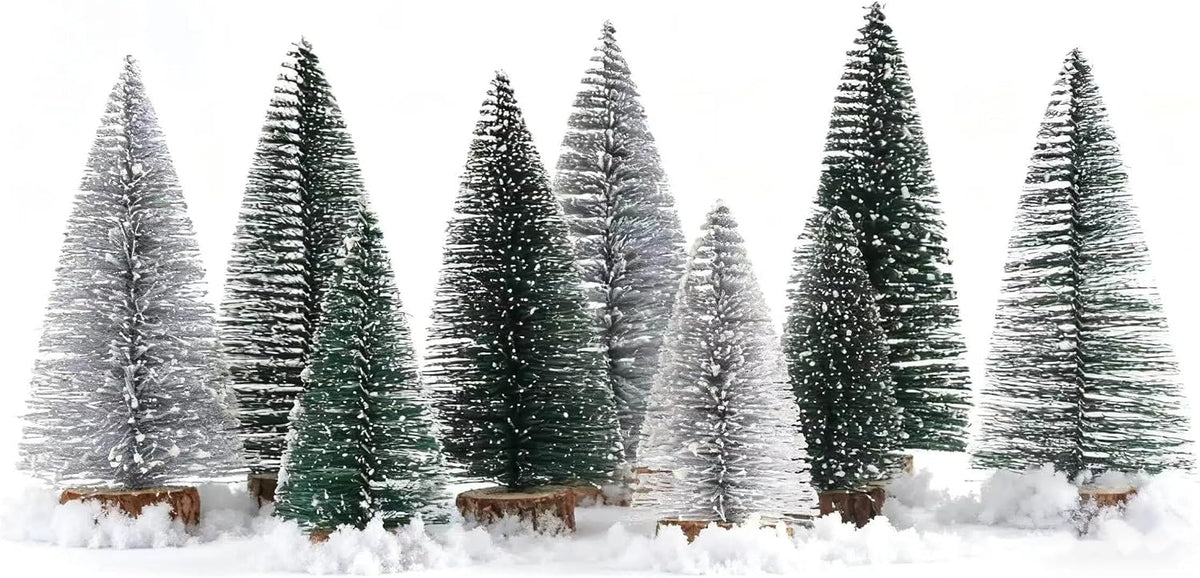 Mini Christmas Trees Christma Decor 9Pcs Artificial Christmas Decorations with 3 Sizes, Christmas Tree Bottle Brush Trees Christmas Table Decorations (Green,Silver,Dark Green)