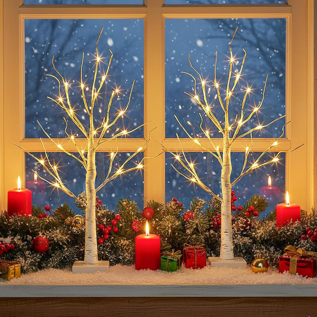 EAMBRITE Christmas Decorations Indoor Lighted Birch Tree Home Decor, 2Pack 24 LED Light Up Tabletop Mini Small Artificial White Trees Lamp with Lights Battery Operated/USB for Table Mantel (2FT)