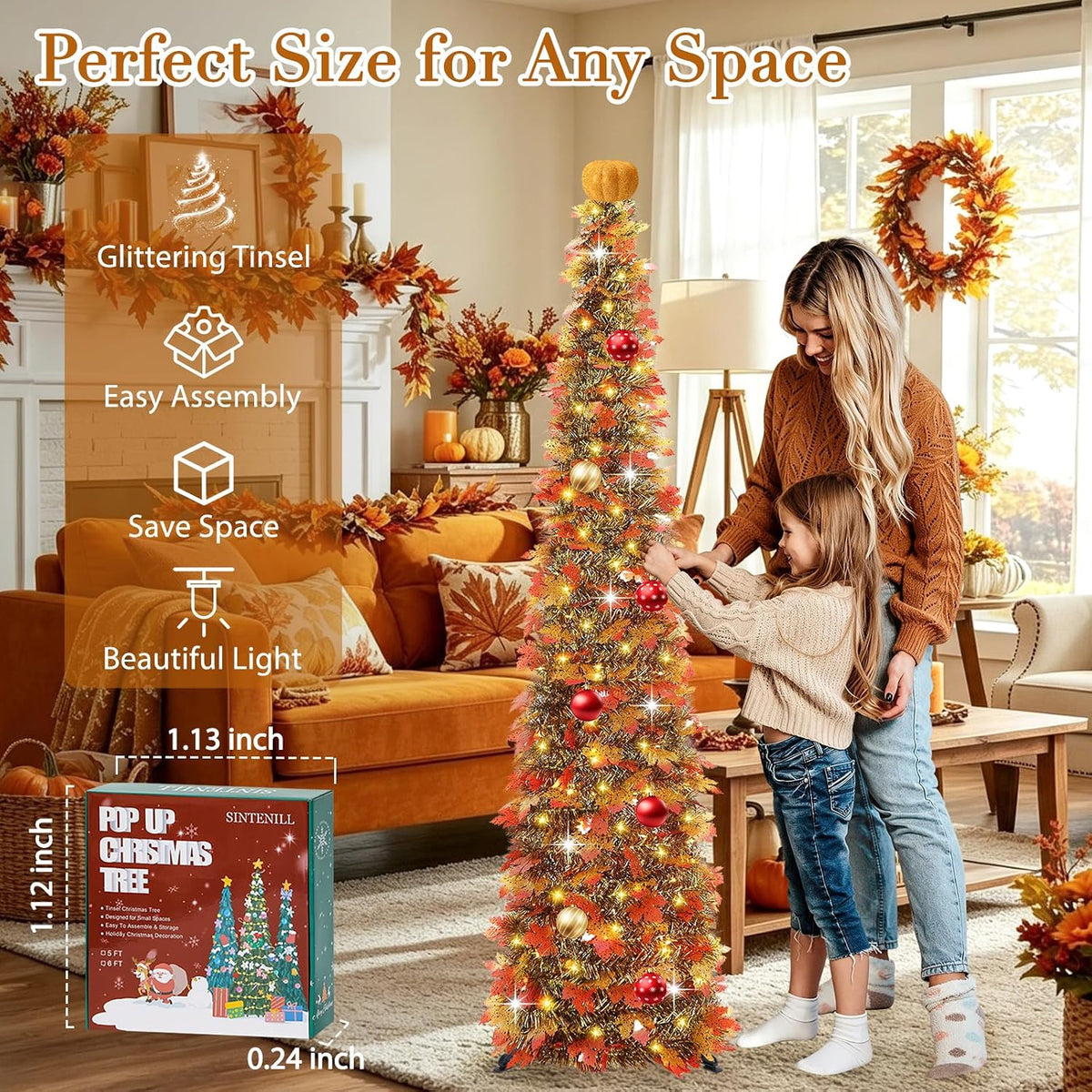 6 FT Pop Up Fall Tree with 100 LED Timer Lights & Pumpkin, Collapsible Maple Leaves Tinsel Thanksgiving Tree for Home Office Apartment Porch Autumn Christmas Holiday Decoration