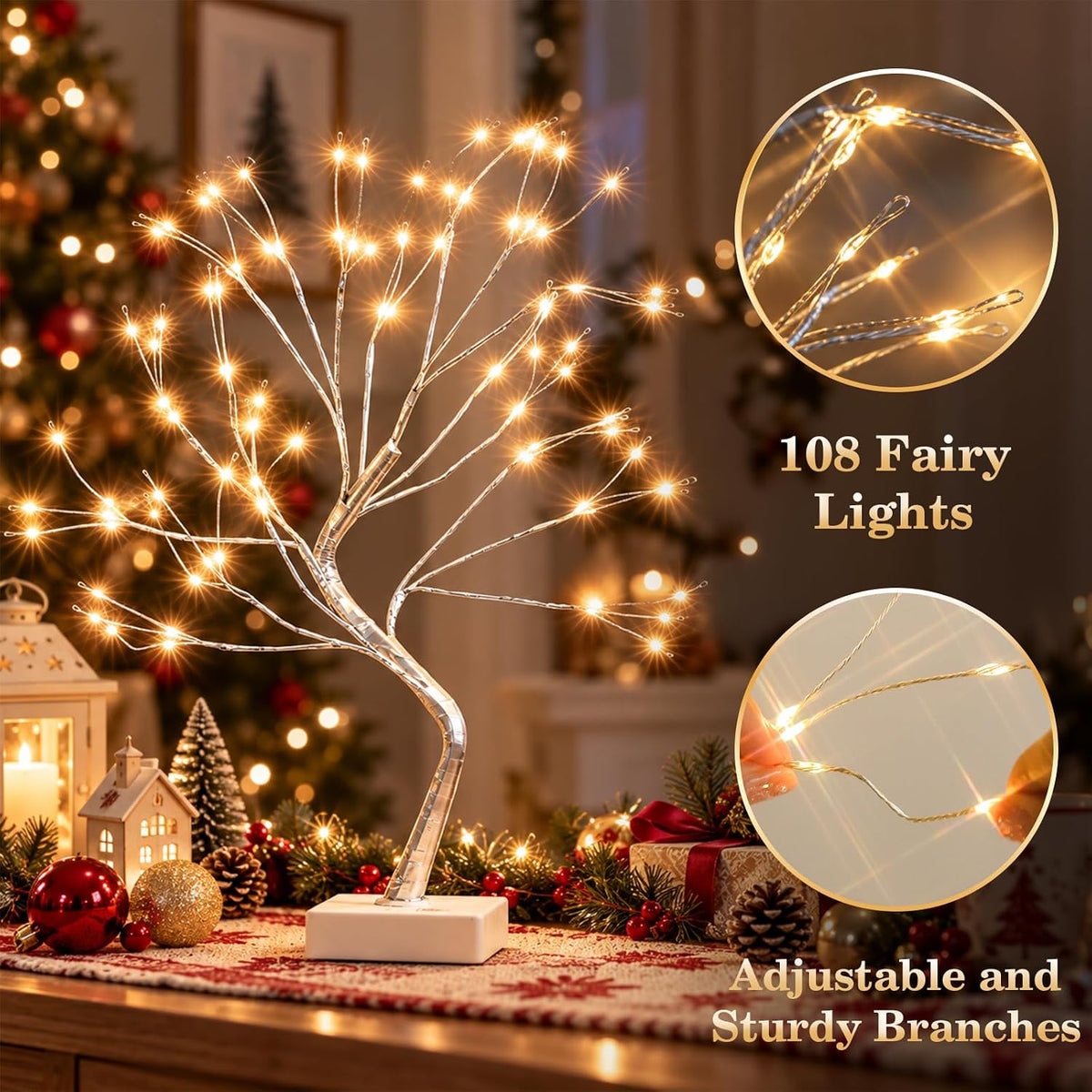 EAMBRITE Fairy Light Spirit Tree, 108 Led Lighted Birch Tree, 8 Modes Lighted Trees for Decoration Inside, USB & Battery Christmas Tree for Home Bedroom Desktop Indoor Xmas Decorations (Silver)