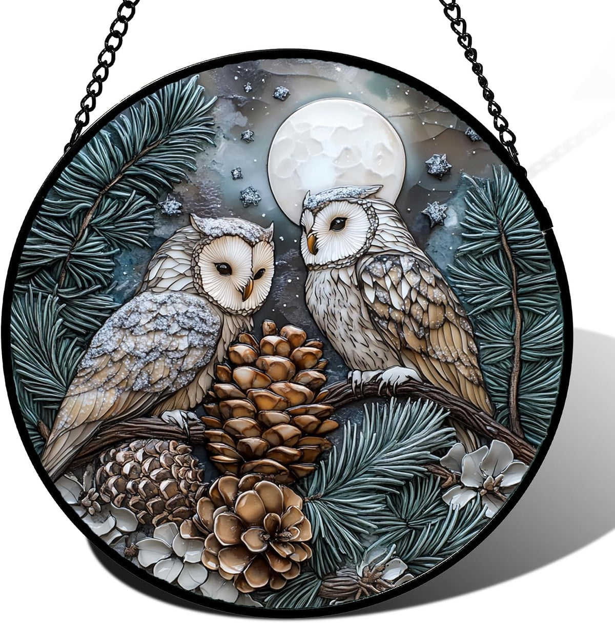 Owl Pinecones Forest Stained Glass Window Hanging Suncatcher Gifts 6.3"