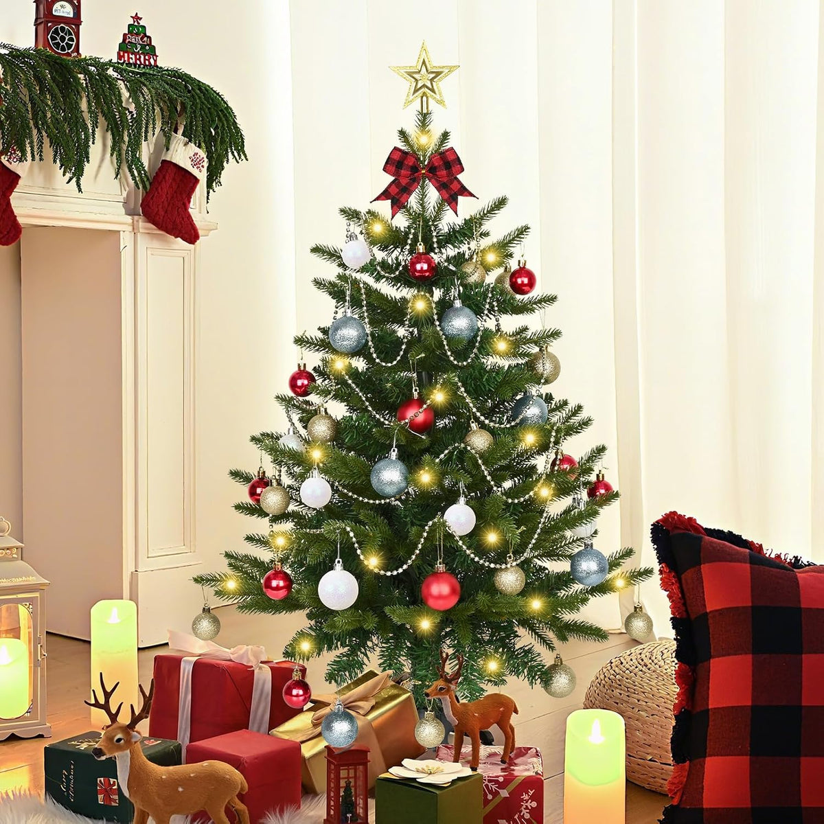 Uspring 3FT Small Christmas Tree with Lights, Artificial Table Top Christmas Tree with 50 LED Lights and Hanging DIY Ornaments, Mini Xmas Trees for Indoor Holiday Home Party Decorations