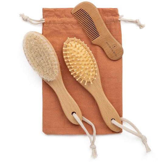 Natural Baby Brush Comb Set Wooden Soft Goat Hair Scalp Grooming for Newborns Toddlers