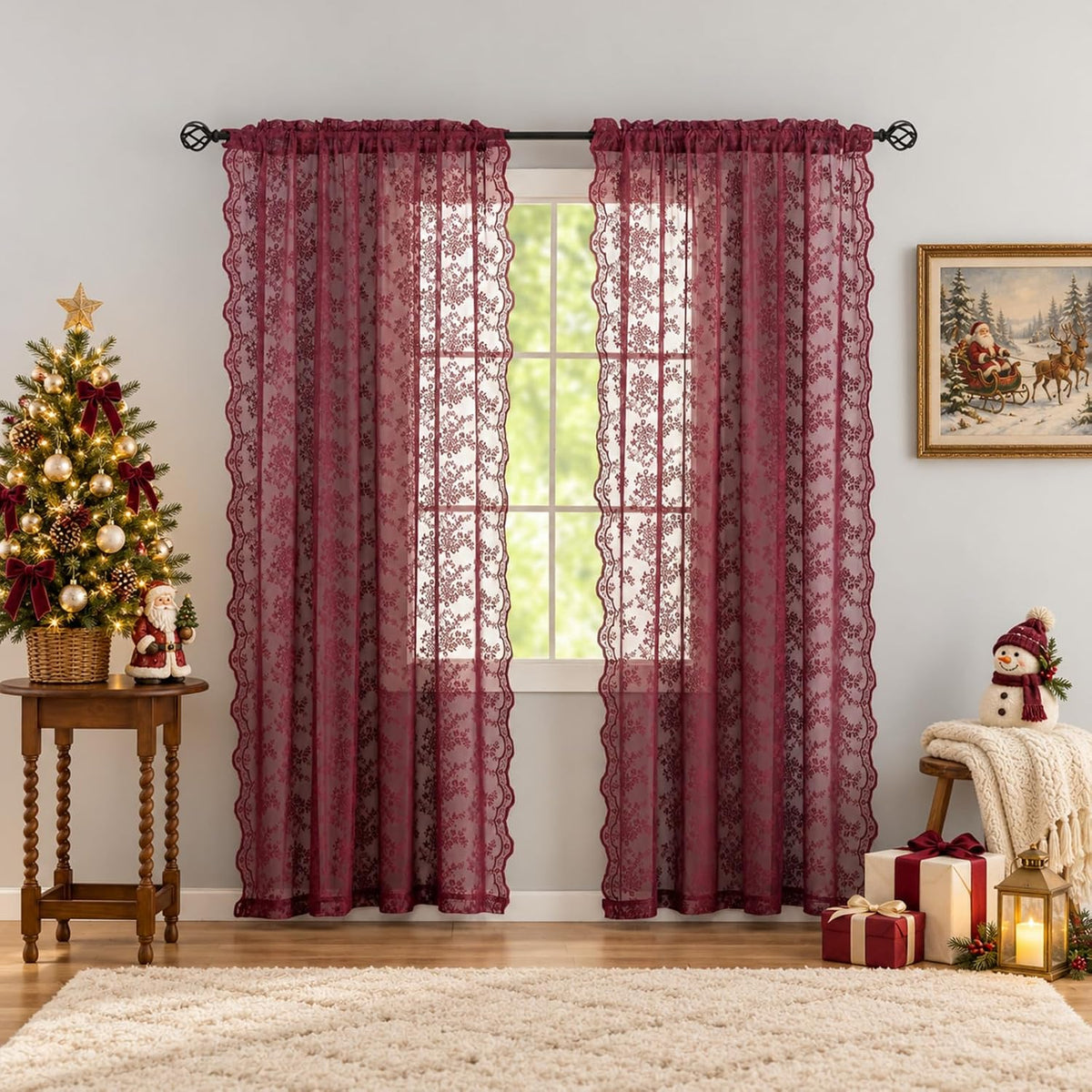 YJ YANJUN Vintage Lace Curtains 84 Inches Long- Elegant Floral Maroon Sheer Curtains Timeless Christmas Burgundy Drapes for Living Room Bedroom Privacy 7 FT 52W x 84L (Set of 2) Deep Merlot