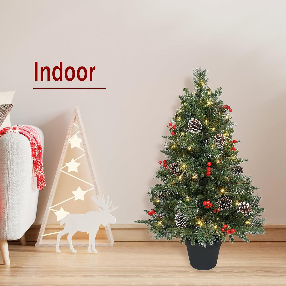 3Ft Pre-Lit Artificial Christmas Tree Tabletop with Battery Operated 70 Warm LED Red Berries Pine Cone Pine Needle, Greenery Potted Christmas Tree for Indoor, Porch, Outdoor