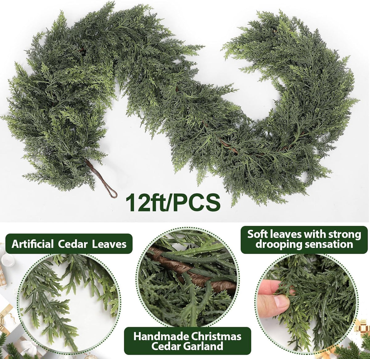 Waydress 1 Pcs 12 ft Christmas Cedar Realistic Garland Mantel Decor