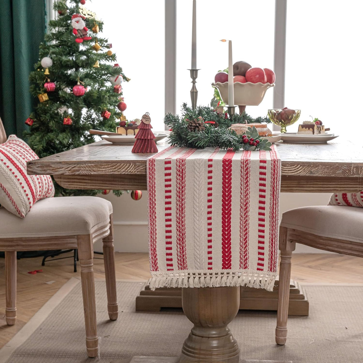 Caflife Cotton Linen Blend Red Boho Christmas Table Runner 108 Inchs Long