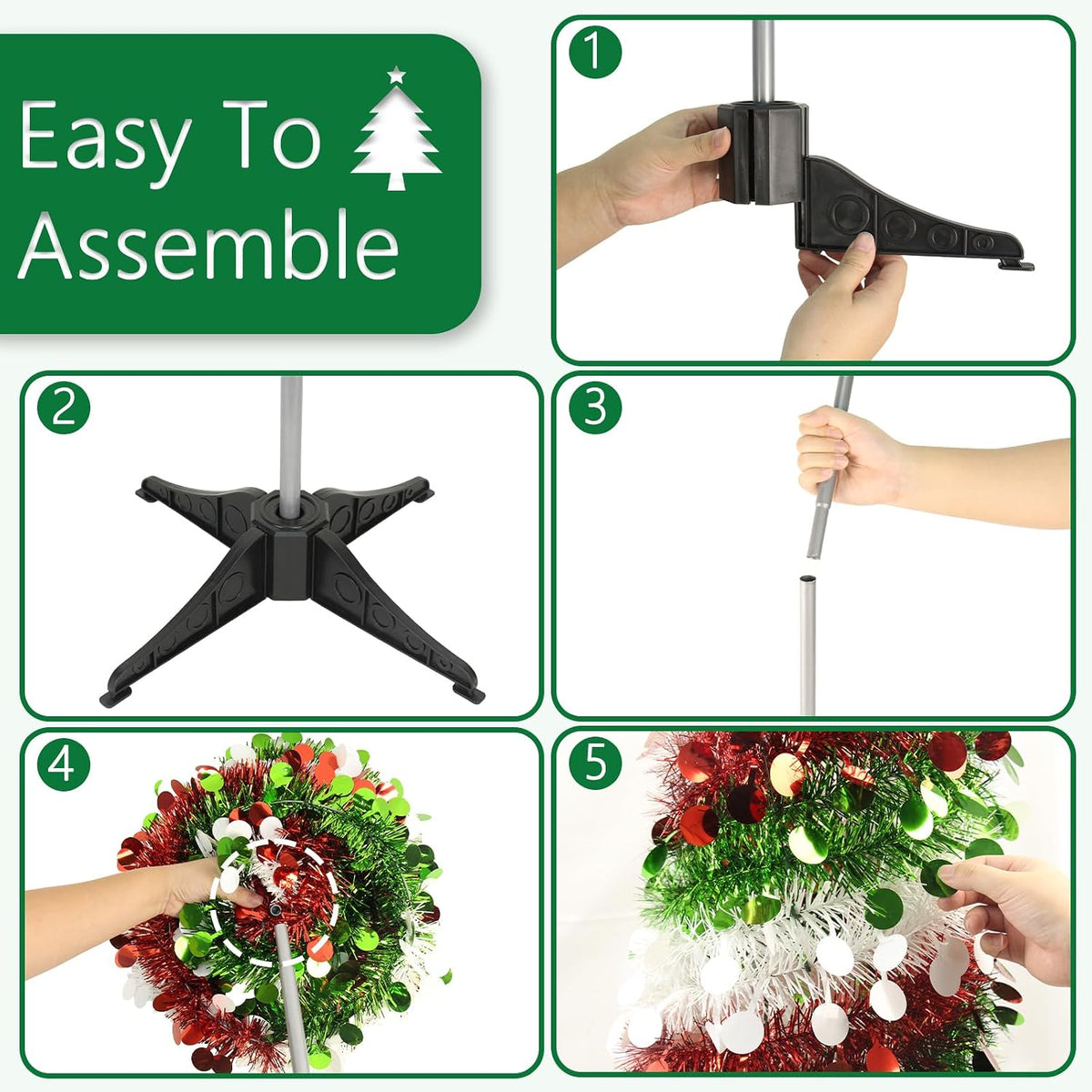 Collapsible Tinsel Christmas Tree, 5FT Red Green White Sequin Pop-Up Pencil Tree, Easy Assembly with Stand, Slim Artificial Xmas Decor for Indoor