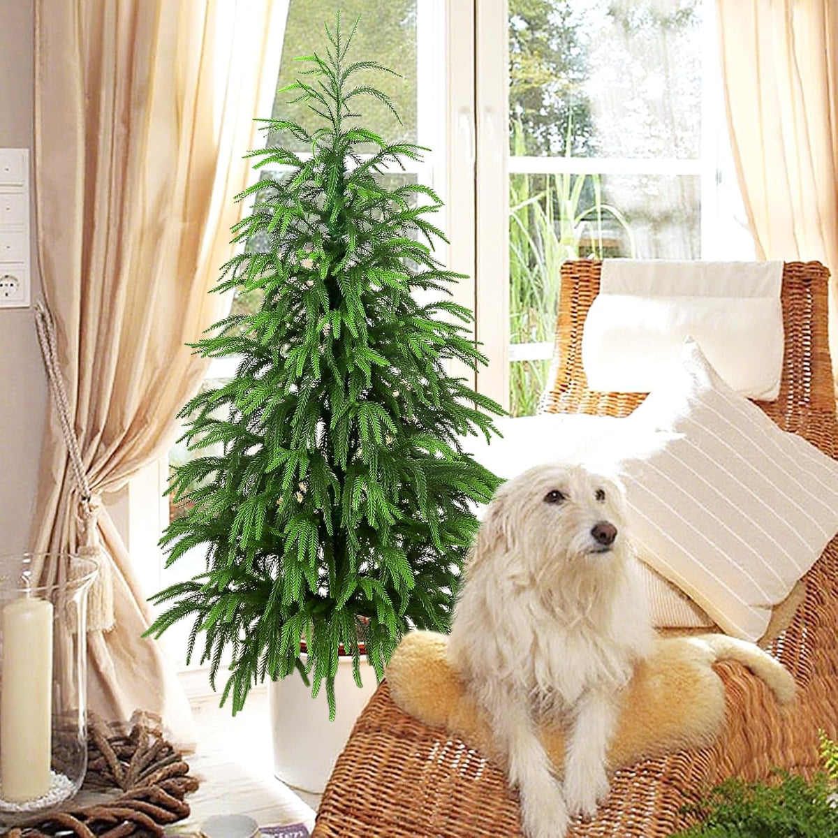 Artificial Norfolk Pine Tree, 4 ft Realistic Christmas Tree, Fake Potted Plants for Front Porch Outdoor Indoor Garden Christmas Decor