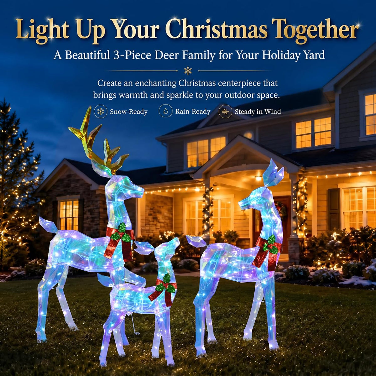 48" 3-Piece 2.5D Colorful Lighted Christmas Deer Family Outdoor Decorations, Clear-Look Reindeer Set with 145 Lights, Gold Antlers, Stakes and Zip Ties for Yard Lawn Porch Garden Holiday Decor