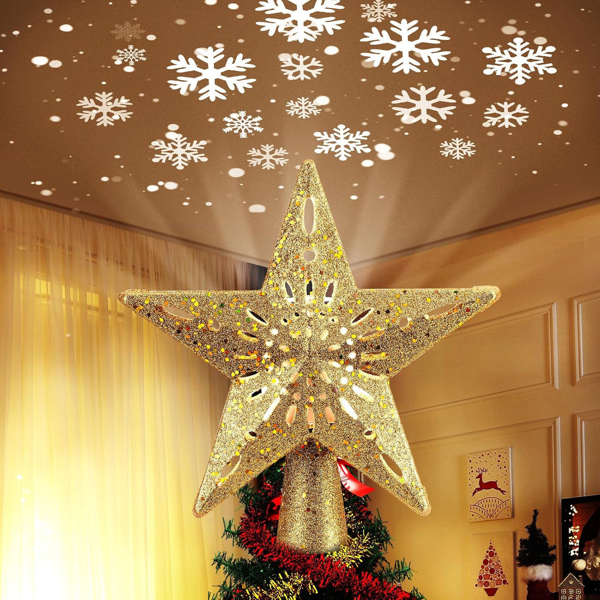 Brightown Christmas Star Tree Topper with Snowflake Projector Lights