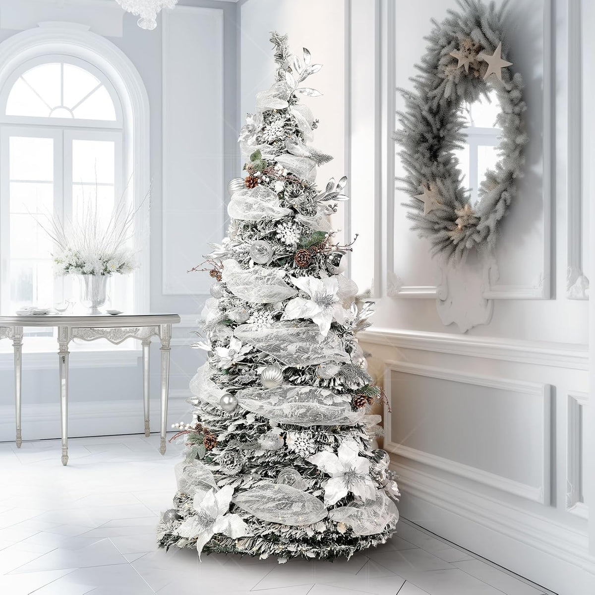 WBHome 6.5 FT Sliver & White Pop-Up Christmas Tree, Pre-Lit and Fully Decorated, Fire-Resistant Collapsible Outdoor Indoor Holiday Party Decor