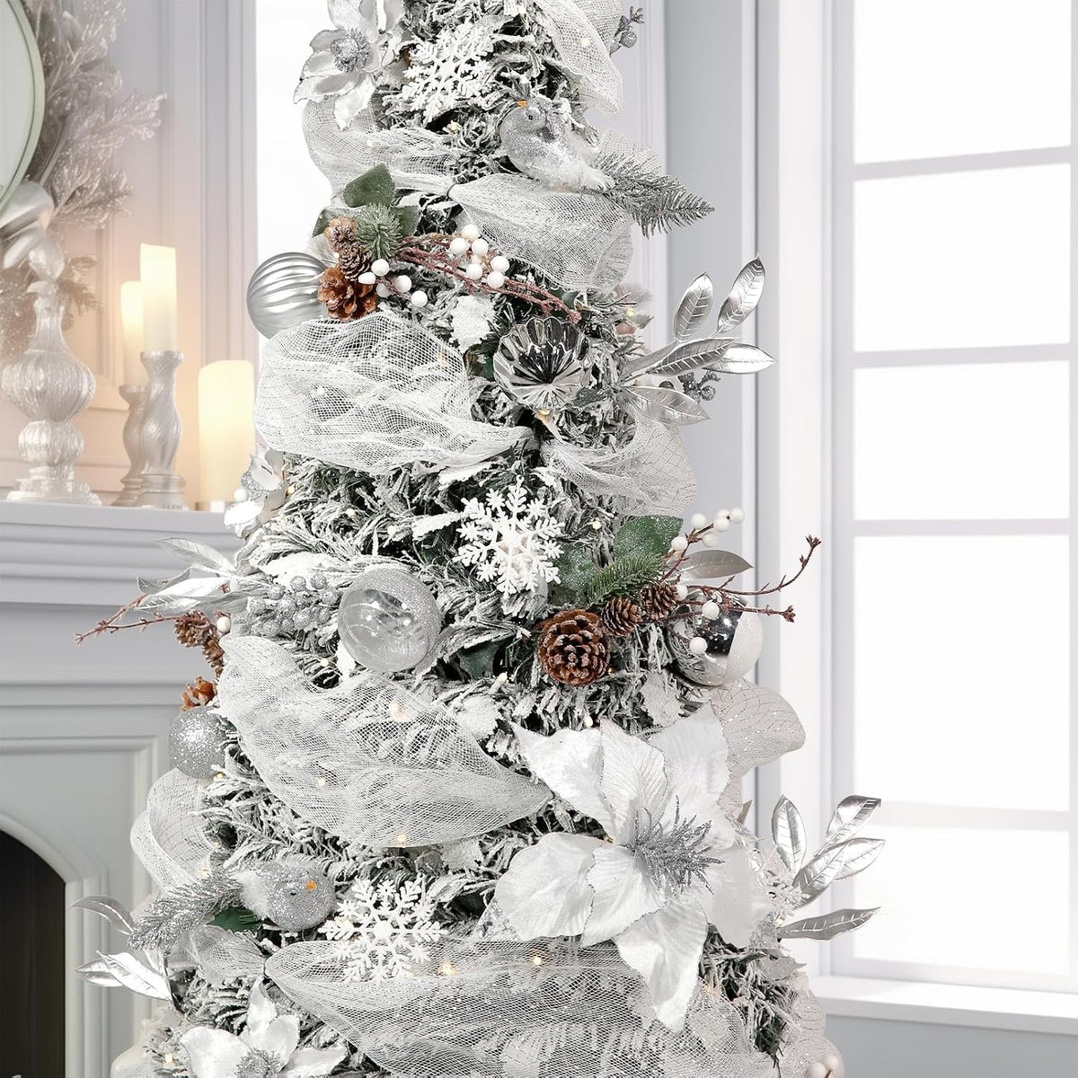 WBHome 6.5 FT Sliver & White Pop-Up Christmas Tree, Pre-Lit and Fully Decorated, Fire-Resistant Collapsible Outdoor Indoor Holiday Party Decor