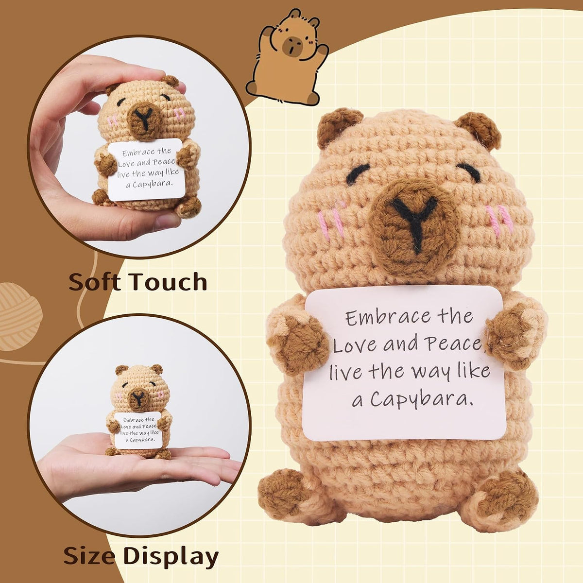 Capybara Gifts, Positive Crochet Animals Capybara, Knitted Wool Capybara Toy with Positive Card, Cheer Up for Friends, Women, Girls and Boys as Birthday Christmas