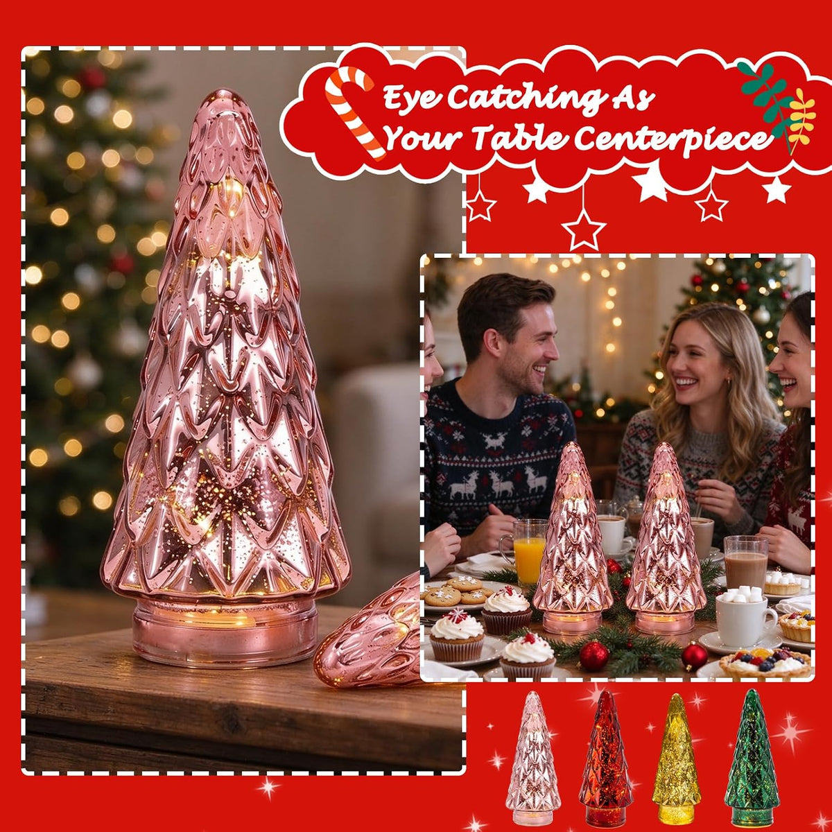 Mercury Glass Christmas Tree, 2-Pack Lighted Xmas Tree Decorations, Holiday Centerpiece Battery Operated LED with Timer, Decorative for Tabletop Window Mantel Display Party Indoor Home Decor (Pink)