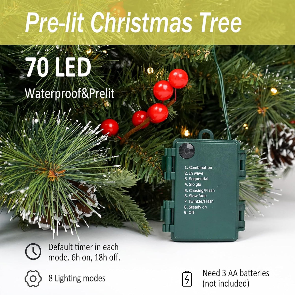 3Ft Pre-Lit Artificial Christmas Tree Tabletop with Battery Operated 70 Warm LED Red Berries Pine Cone Pine Needle, Greenery Potted Christmas Tree for Indoor, Porch, Outdoor
