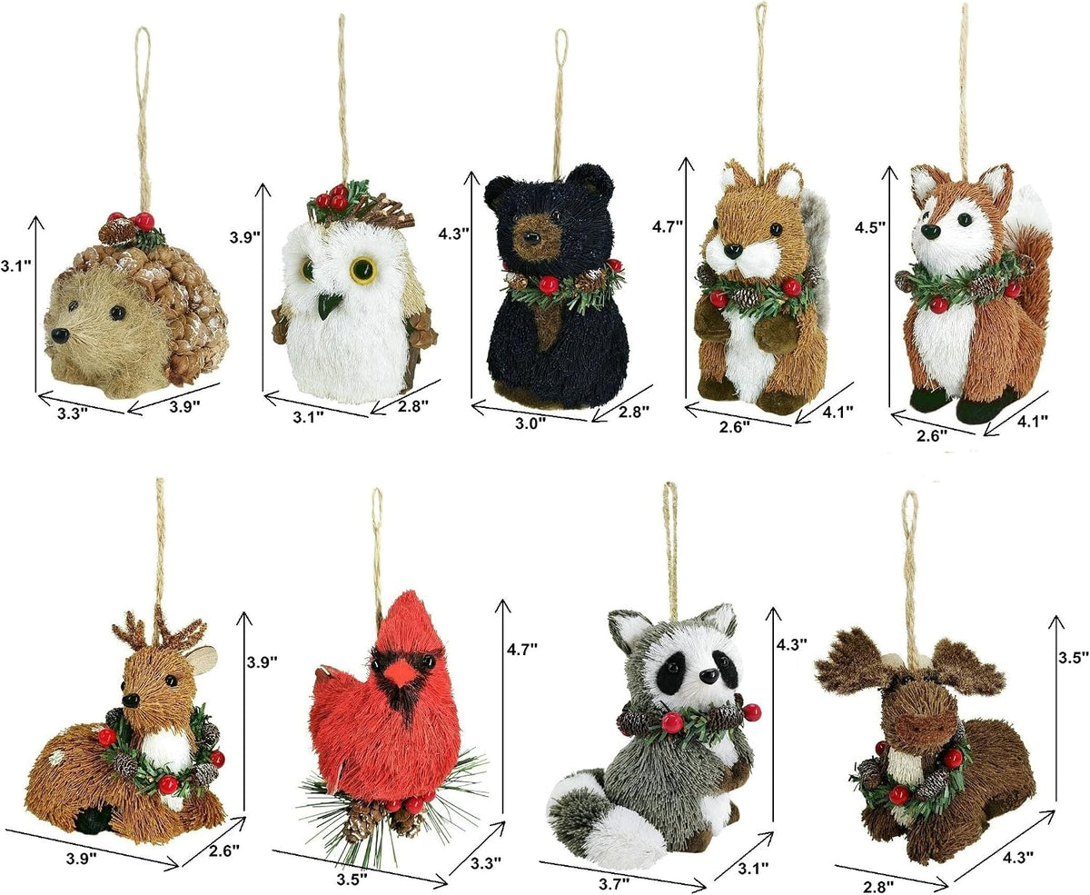 naturevibe Sisal Woodland Animals Christmas Tree Ornaments Mini Set of 9