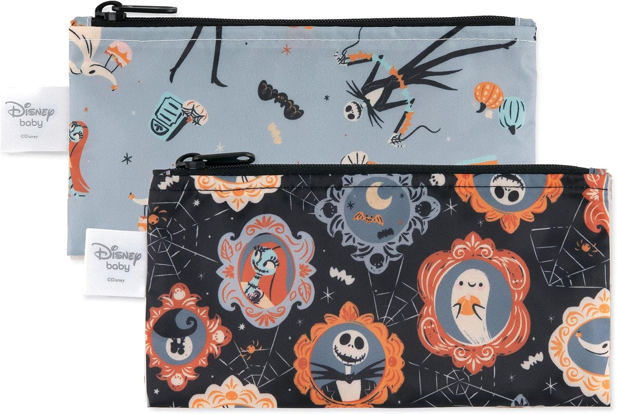 Bumkins Disney Reusable Snack Bags, for Kids School Lunch and for Adults Portion, Washable Fabric, Waterproof Cloth Zip Bag, Supplies Travel Pouch, Food-Safe Storage, 2-pk Nightmare Before Christmas