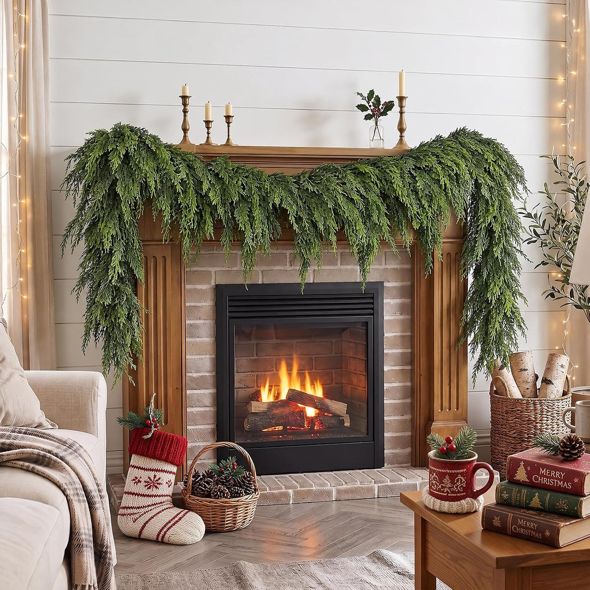 6FT 1Pcs Artificial Cedar Pine Garland Christmas Greenery for Mantle Decor