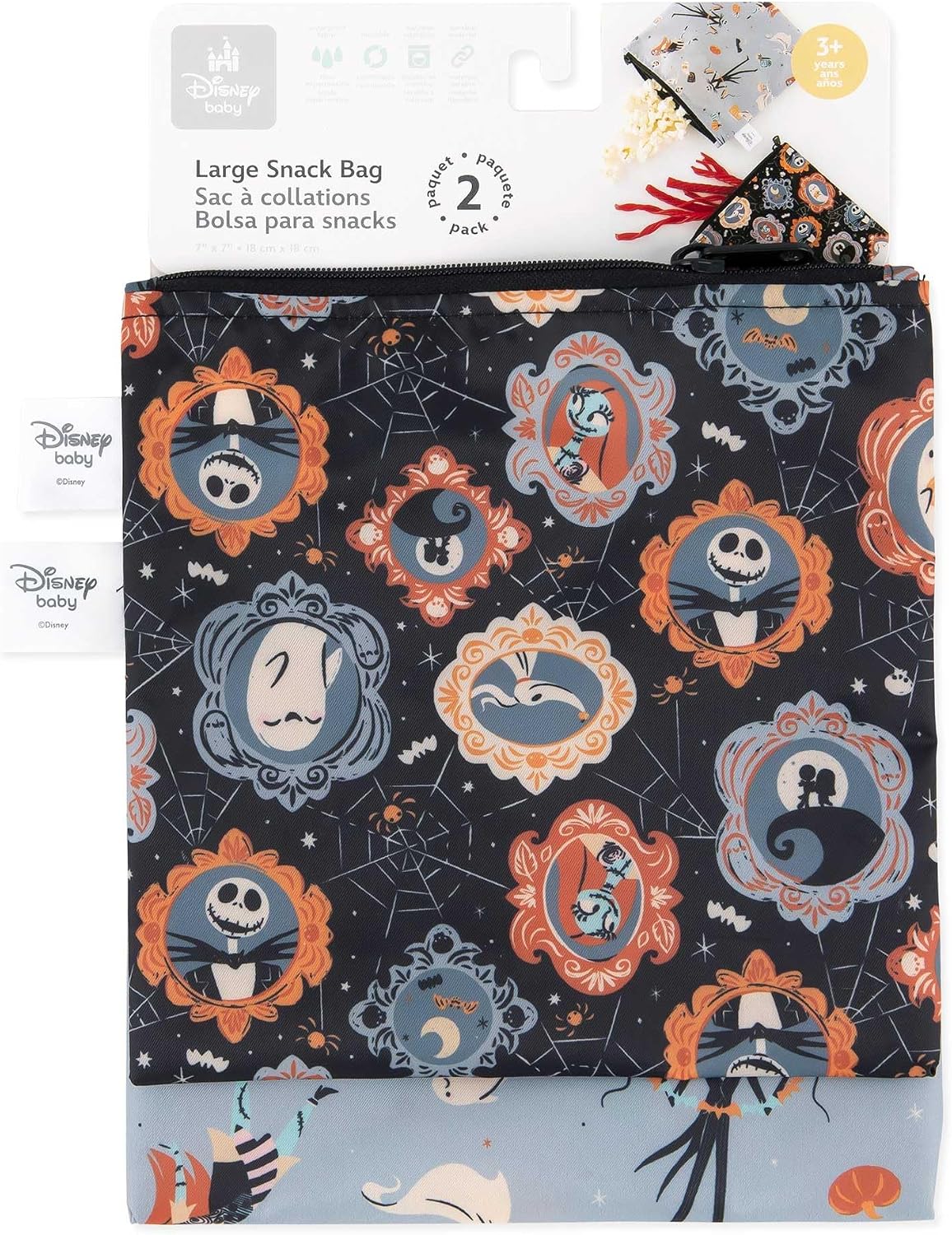 Bumkins Disney Reusable Sandwich and Snack Bags, for Kids School Lunch and for Adults Portion, Washable Fabric, Waterproof Cloth Zip Bag, Travel Pouch, Food Storage, 2-pk Nightmare Before Christmas