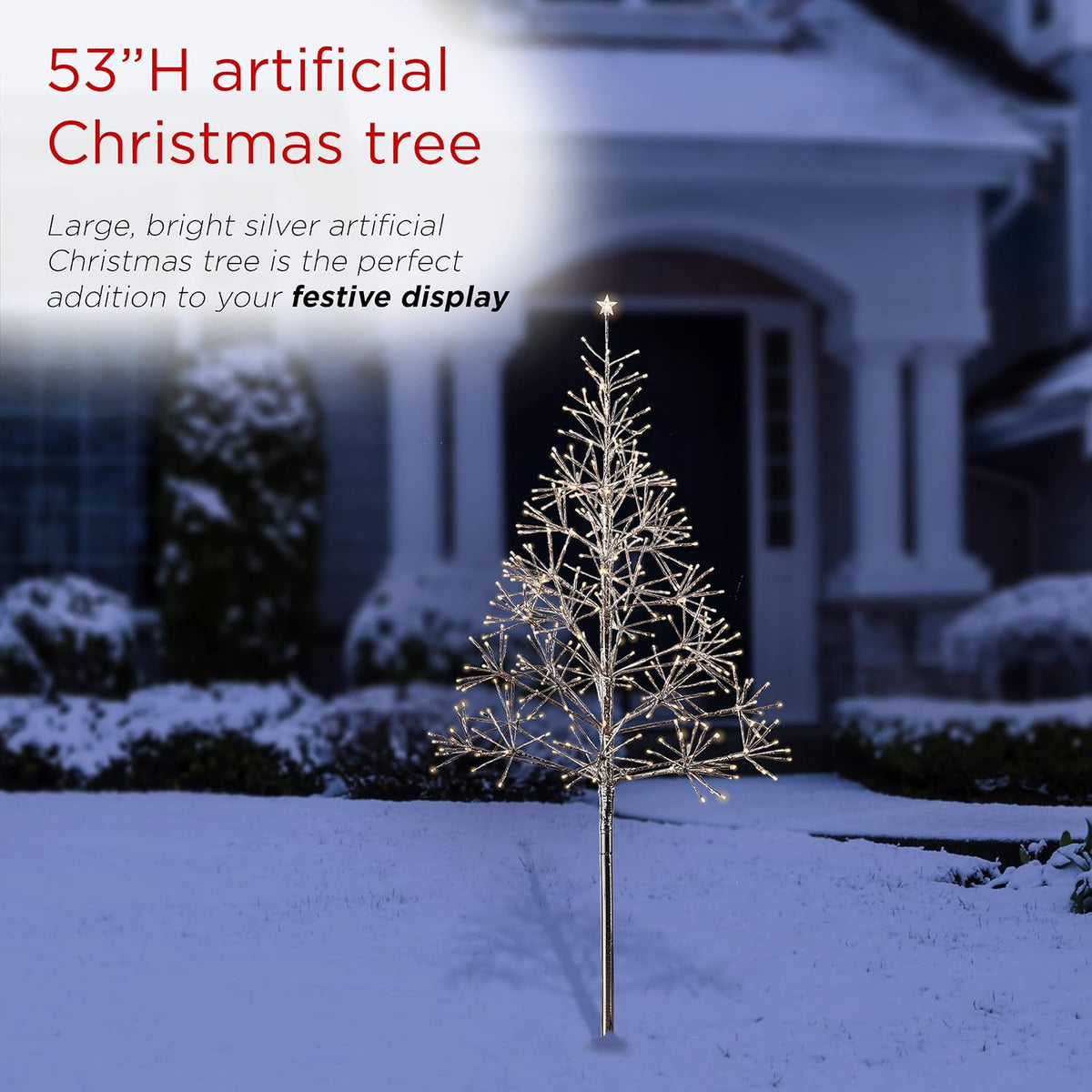 Alpine Corporation 53" Tall Artificial Christmas Tree with 380 Warm White LED Lights, Indoor/Outdoor Holiday Decoration with Flashing Lights for Porch or Lawn, Silver