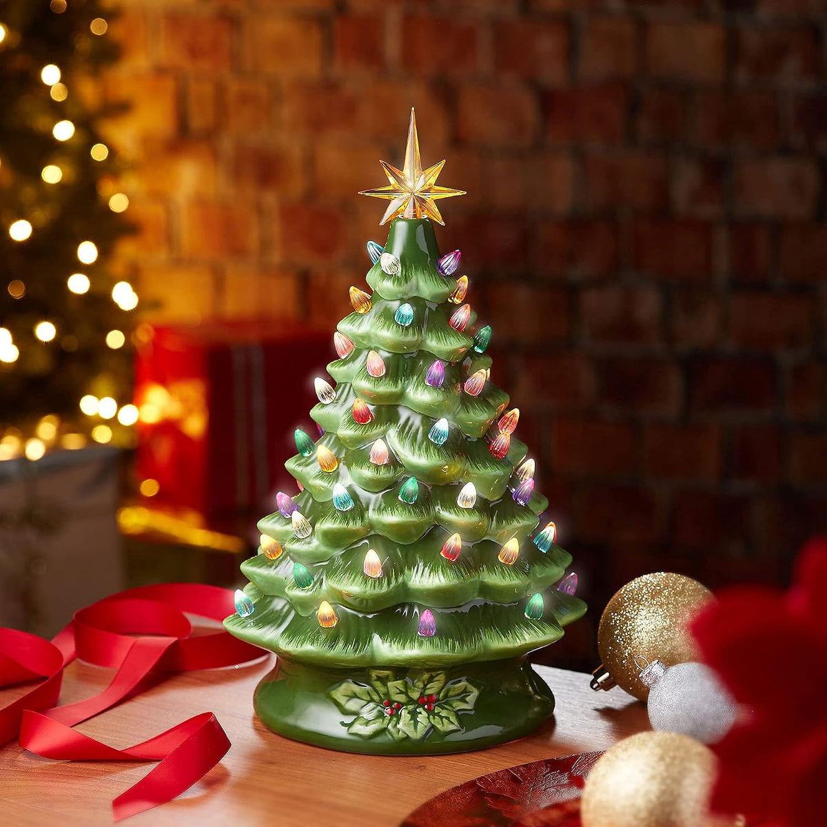 Casafield Hand Painted Ceramic Christmas Tree, Green 15-Inch Pre-Lit Tree with 128 Multi Color Lights and 2 Star Toppers