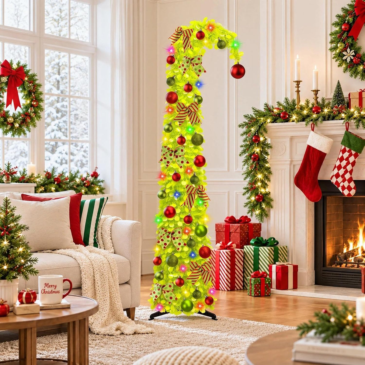 N&T NIETING 6Ft Whimsical Pop Up Christmas Tree with Lights & Hanging Ornaments, Collapsible Bendable Tinsel Tree for Apartment Porch Office Indoor Home Party Holiday Decor