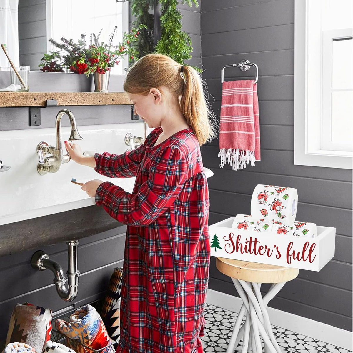Xylolfsty Christmas Bathroom Wooden Storage Box Funny Holiday Toilet Paper Holder with Xmas Tree Camping Farmhouse Tank Basket Decor Winter Guest Bathroom Xmas Clark Gift Ideas-White