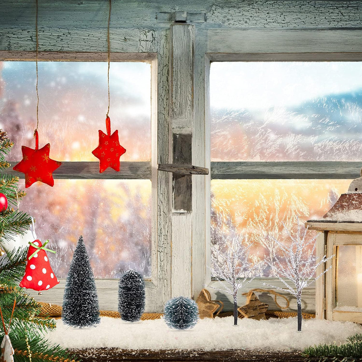 Sumind 12 Pcs Christmas Village Trees Bottle Brush Snow Tree, Simple Style