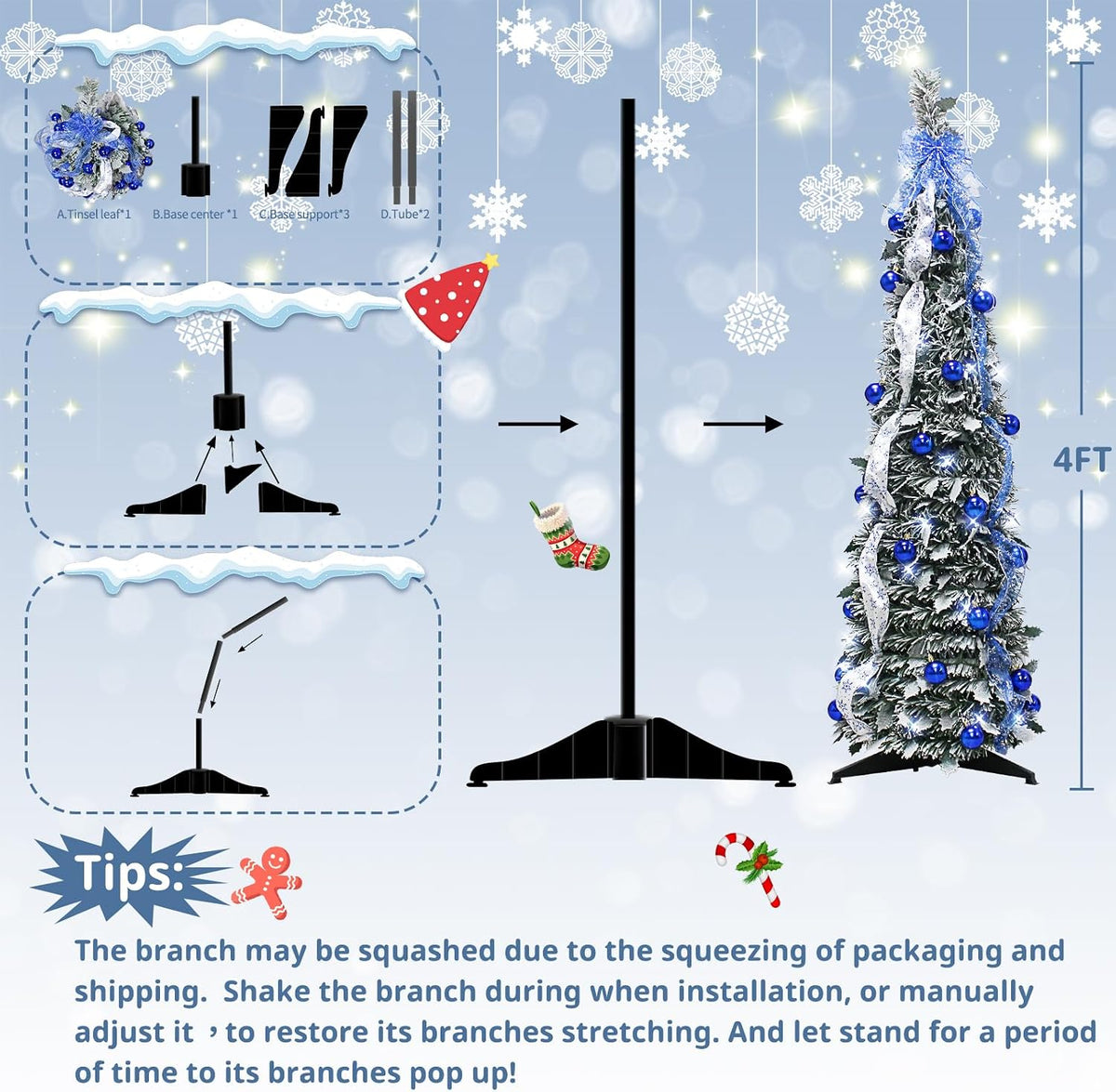 4FT Pop Up Christmas Tree Pre-lit Green Snowy Pencil w/Blue Bow,60 Lights