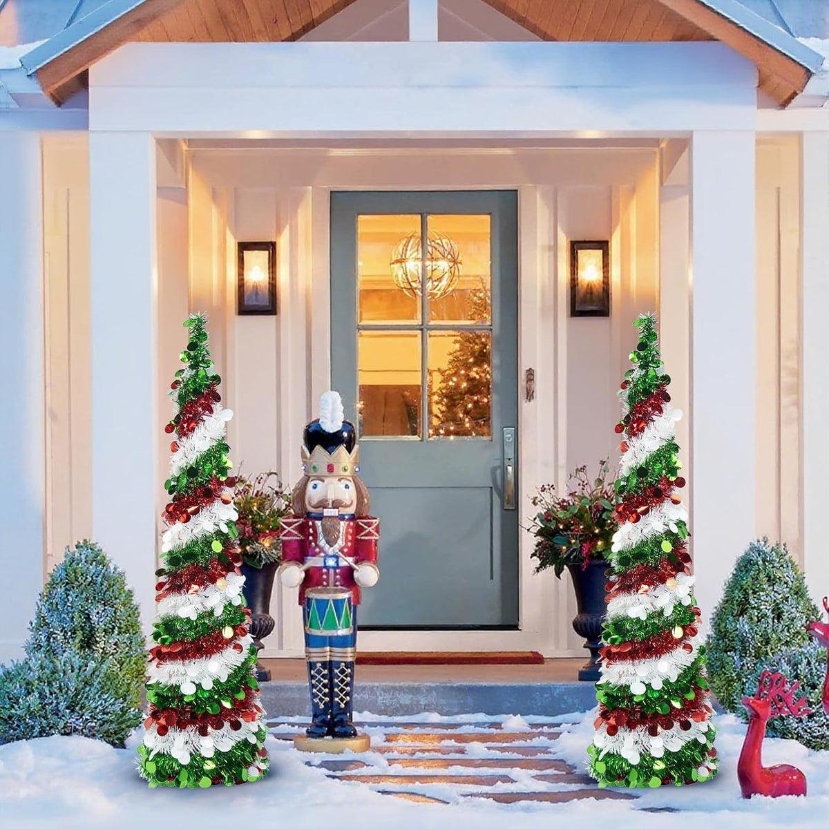 Collapsible Tinsel Christmas Tree, 5FT Red Green White Sequin Pop-Up Pencil Tree, Easy Assembly with Stand, Slim Artificial Xmas Decor for Indoor