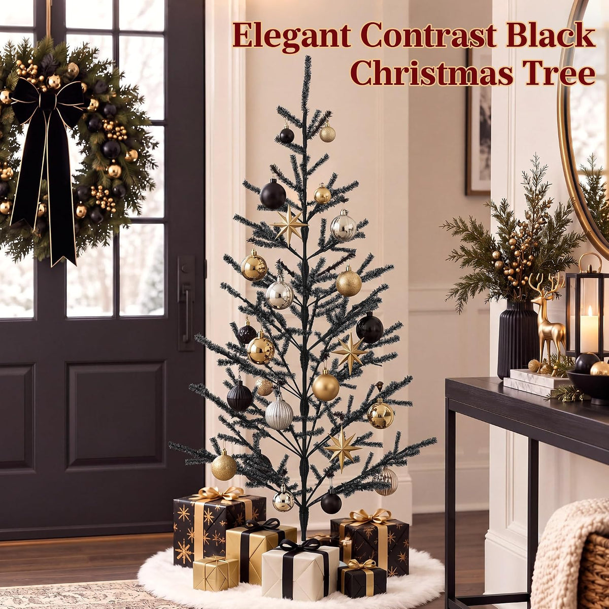 4ft Black Christmas Tree, Retro Aluminum Christmas Tree, Tinsel Trees