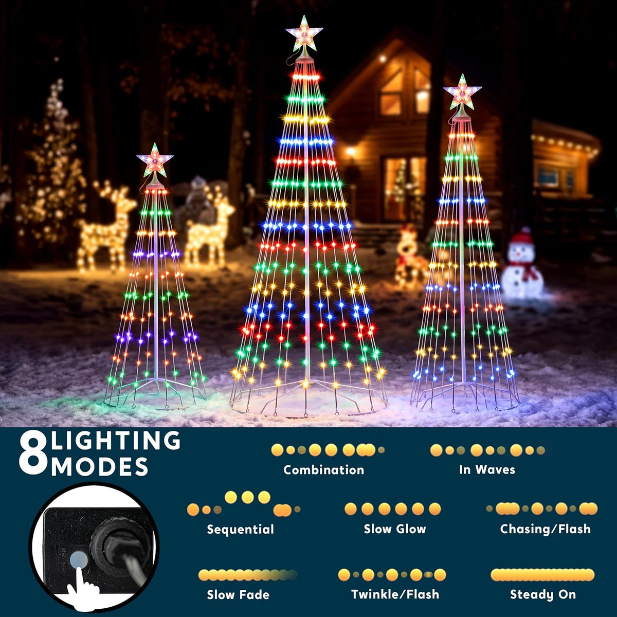 JOYIN 3 Pack LED Christmas Cone Tree Lights, 4FT 5FT 6FT Outdoor Lighted Tree with 8 Lighting Modes & Star Topper, Christmas Decorations for Yard Porch Patio Garden Holiday Decor, Multicolor