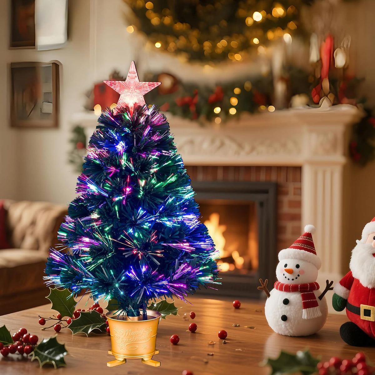 YUETJIN 24inch Green Pre-lit Small Fiber Optic Tabletop Christmas Tree