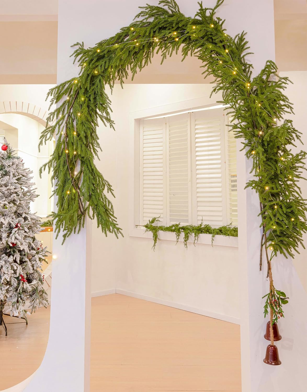 MISSPIN Christmas Garland with Lights, Real Touch Winter Pine Garland, Green Artificial Greenery Garland for Table, Mantle, Wall, Indoor, Outdoor Christmas Decorations