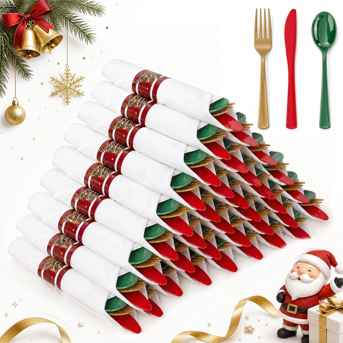 Liacere 100Pack Pre Rolled Silverware and Napkin - Wrapped Plastic Cutlery Set with Napkin:100 Gold Forks,100 Red Knives,100 Green Spoons,100 Napkins for Christmas