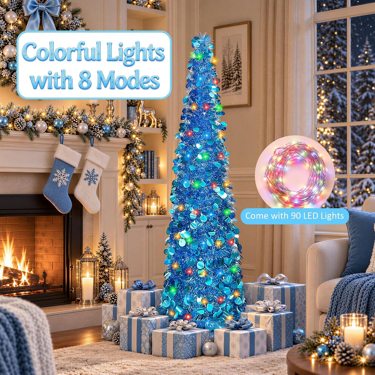 5 FT Pencil Christmas Tree, Collapsible Artificial Sequin Pop Up Christmas Tree, Skinny Pencil Tinsel Christmas Trees, Xmas Tree for Home Apartment Basement Fireplace (Pure Blue)