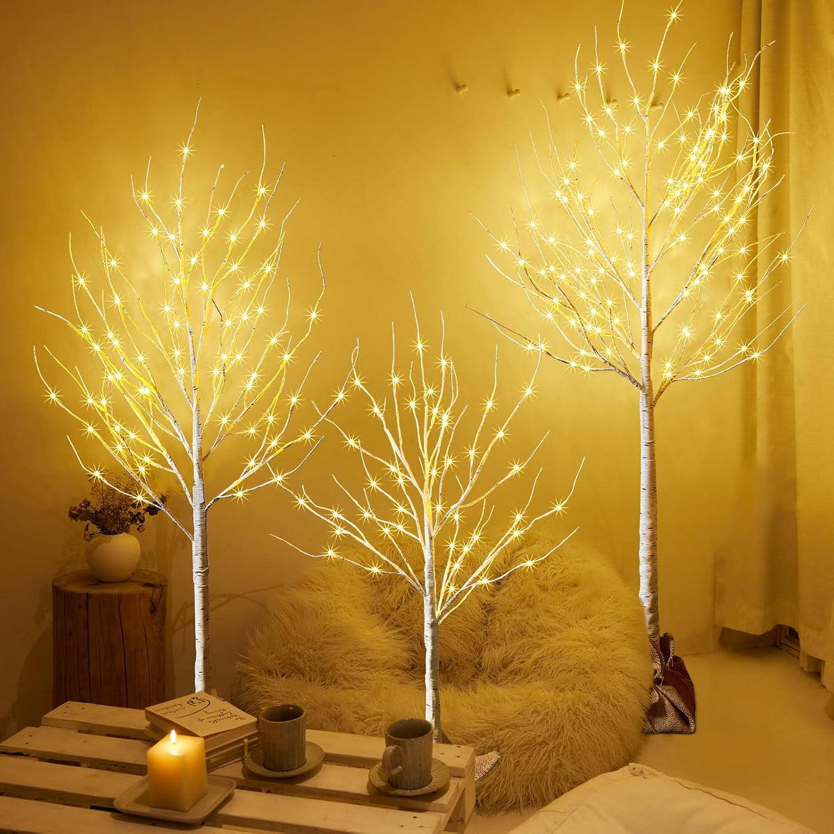 HOLILLUMA Outdoor Christmas Decoration LED Lighted Birch Trees 3 Packs