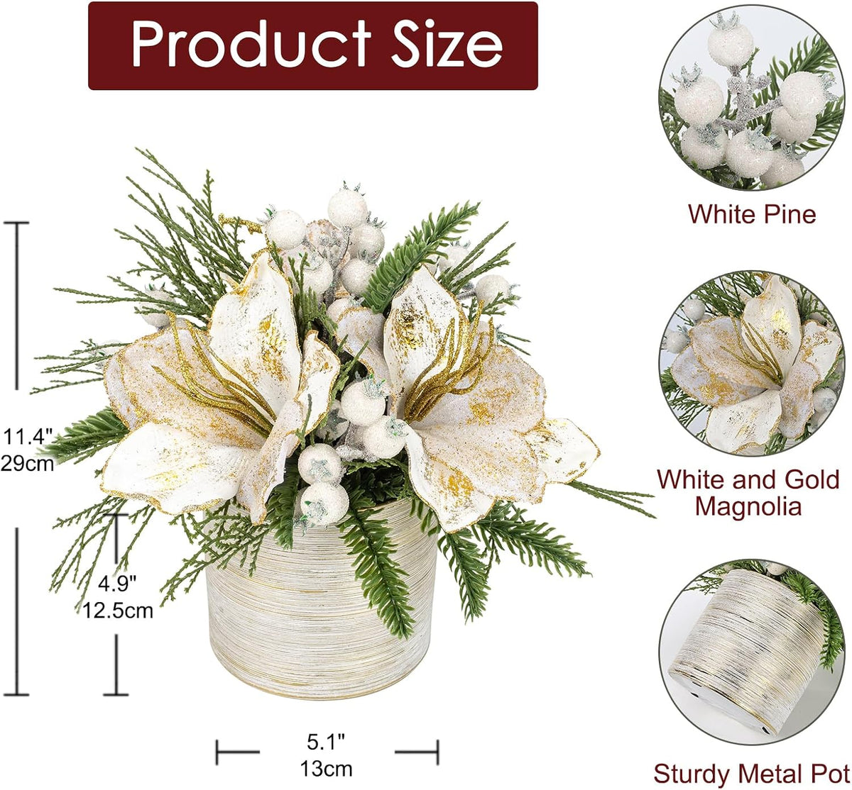 Briful 11.4 Inch Christmas Tree Large Artificial Potted Christmas Arrangment in Pot with White Pine Snowy and Magnolia Xmas Flowers for Centrepieces Table Window Console Countertop DÃ©cor