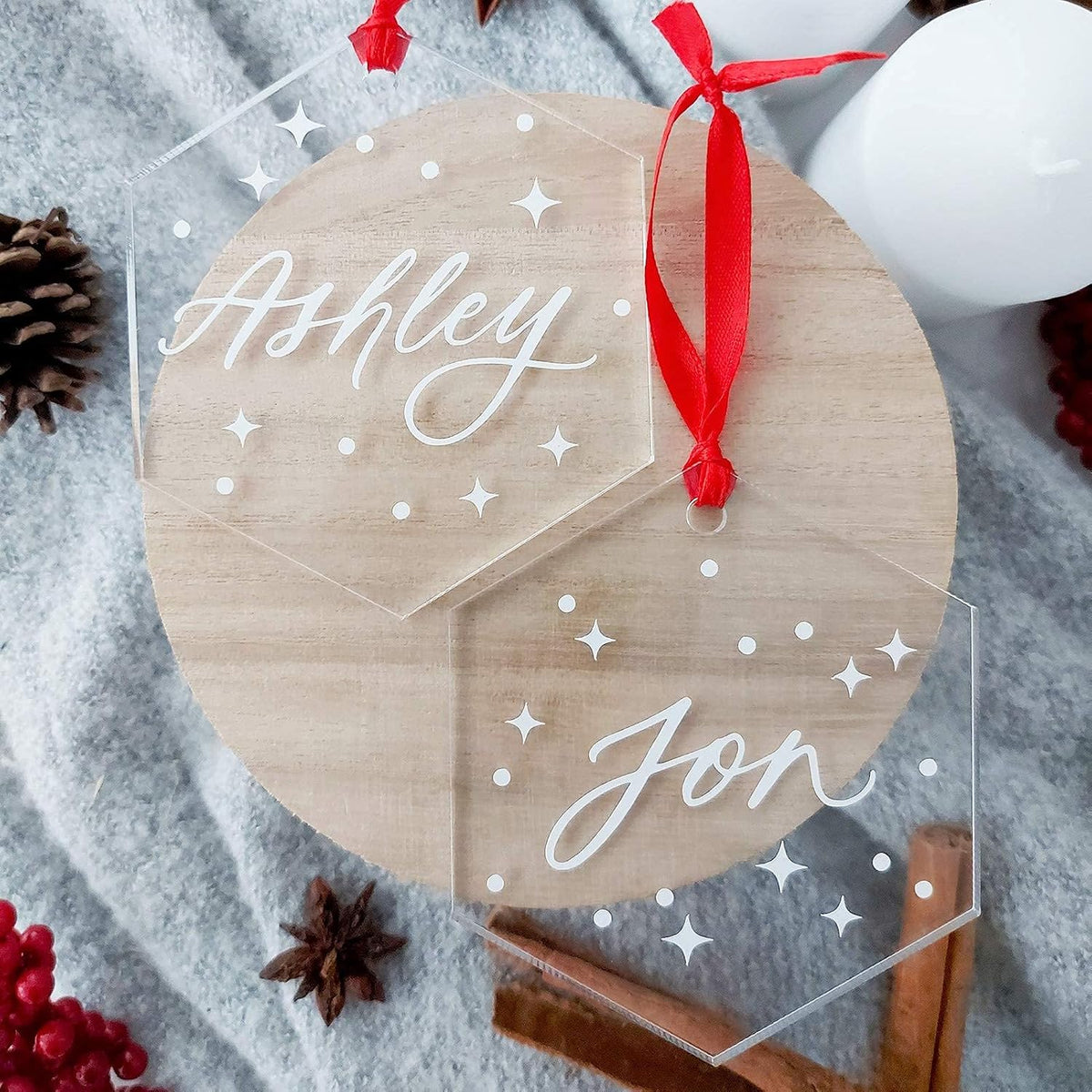 UNIQOOO 18 Pack 3'' Clear Hexagon Acrylic Christmas Ornament, 4mm Extra Thick, DIY Blank Xmas Bauble Hanging Tree Decoration, Stocking Name Tag, Memento
