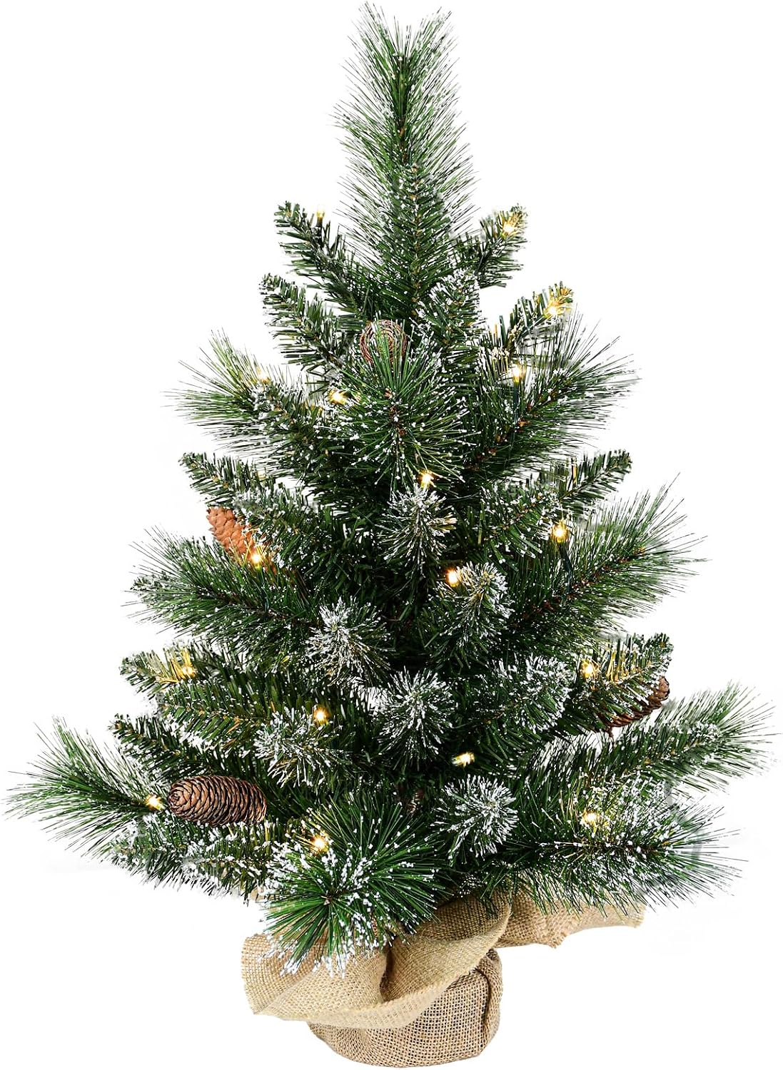 30 Led Warm Lights Pre-Lit Artificial Mini Christmas Tree, 2ft Snow Tipped Pine Artificial Christmas Tree,Seasonal Indoor Home Decor with Decorative Burlap Base