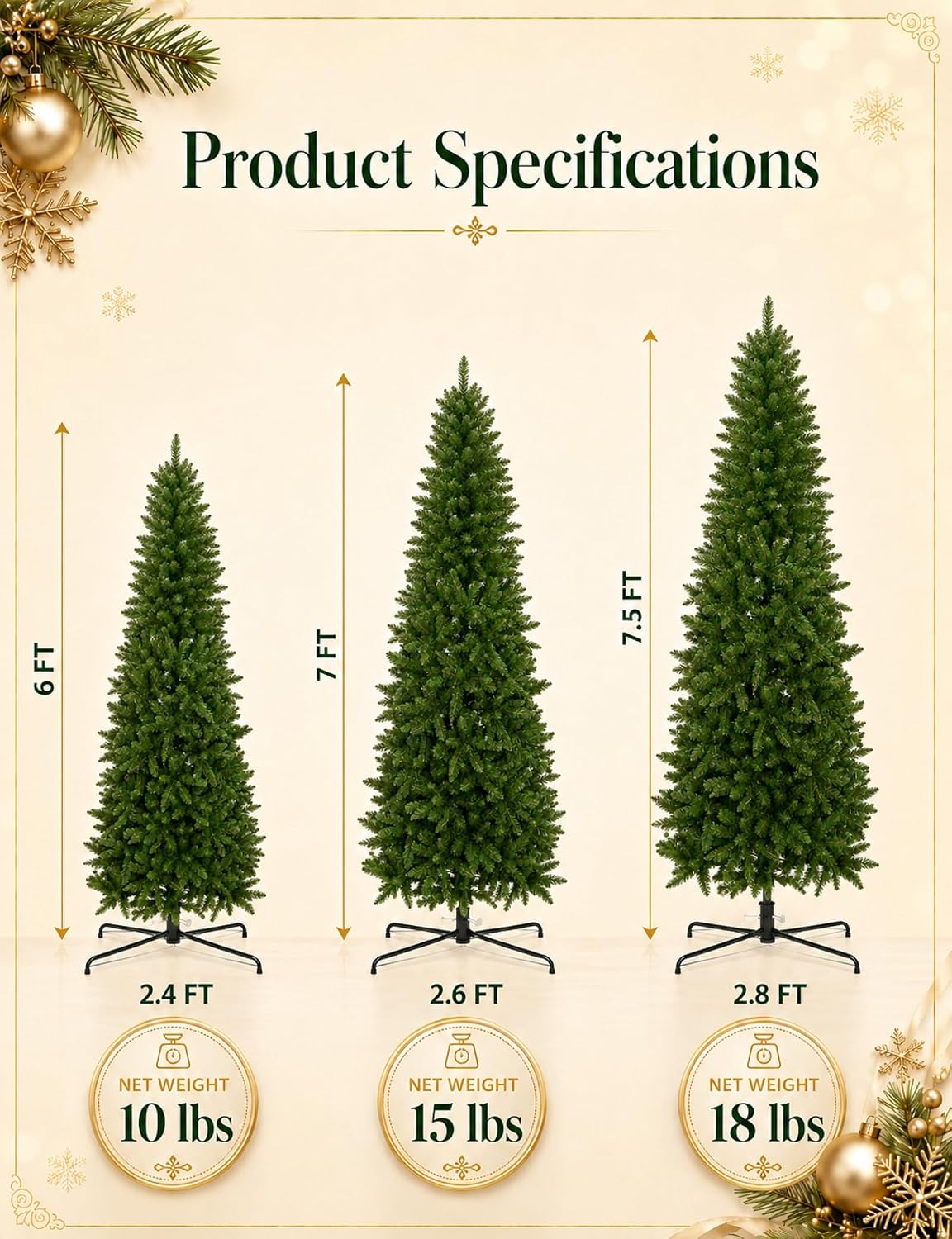 7.5ft Artificial Pencil Slim Christmas Tree, Includes Metal Stand, Kingswood Fir, Easy Assembly with Hinge