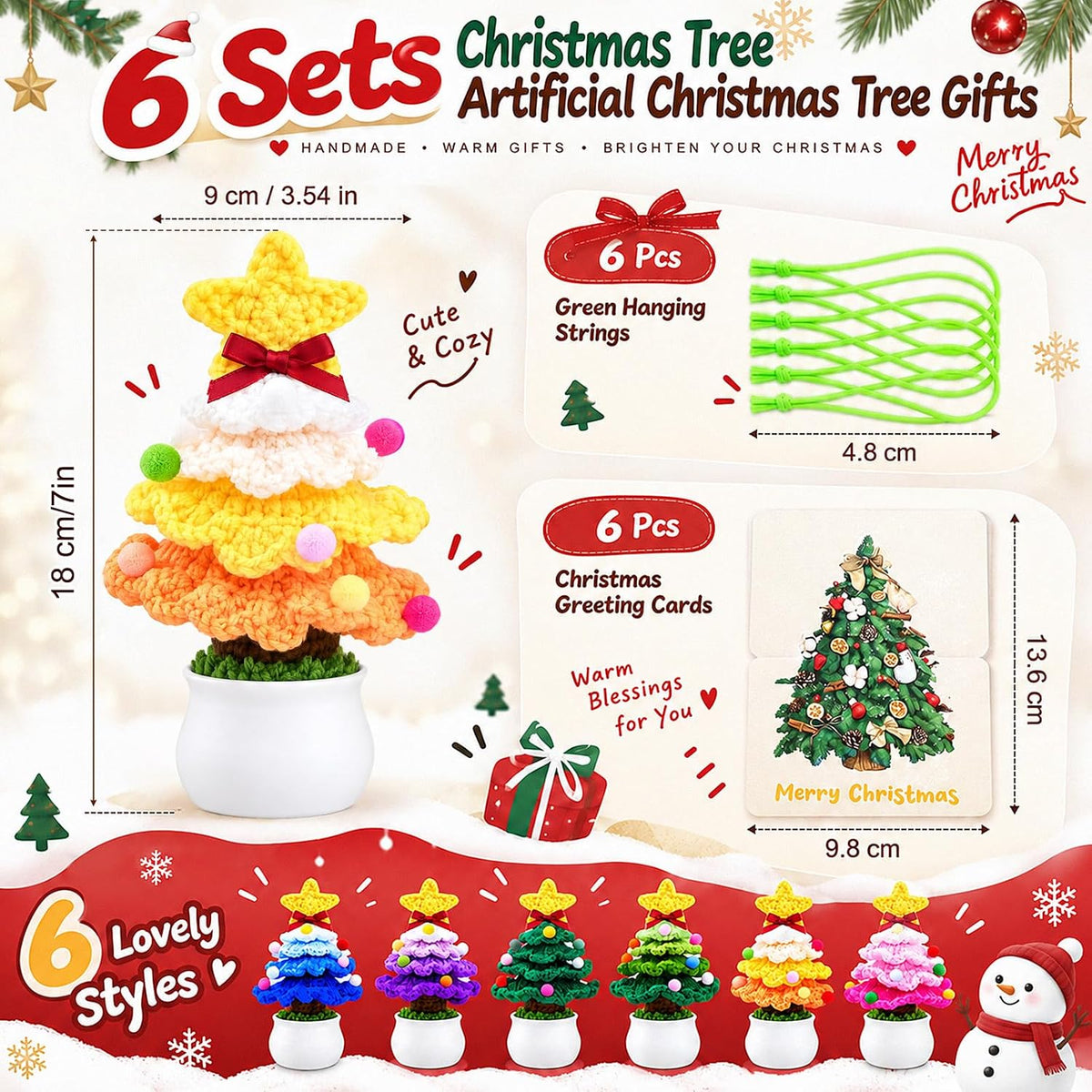 6 Sets Crochet Christmas Tree Gifts with Merry Christmas Cards