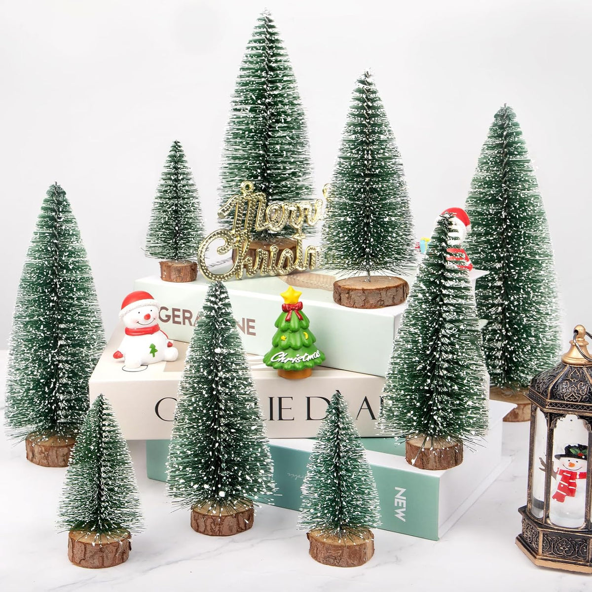 9Pcs Mini Christmas Tree, Bottle Brush Christmas Trees Wooden Base Table Decor with 4 Sizes, Artificial Green Tabletop Xmas Tree Indoor Village Decor Xmas Decorations