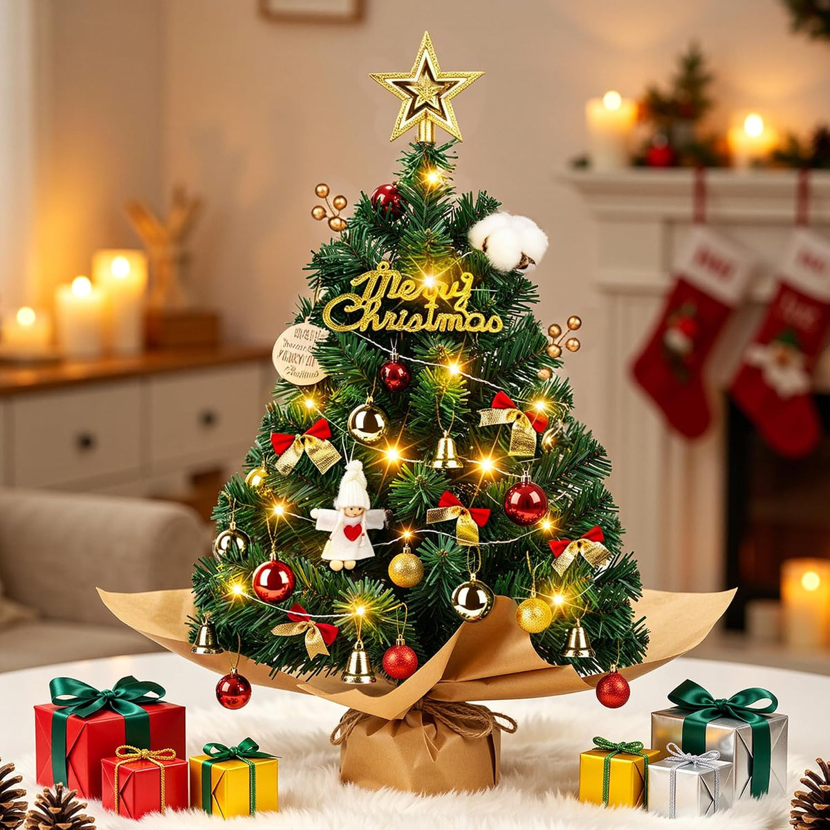 WISELIFE 24" Mini Tabletop Christmas Tree with Lights & Ornaments - Artificial Small Xmas Tree with Angel Decor, Desktop Christmas Decorations for Table, Office, Bedroom, Small Spaces