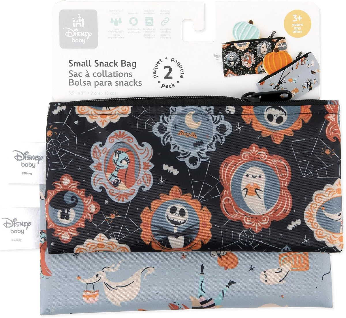 Bumkins Disney Reusable Snack Bags, for Kids School Lunch and for Adults Portion, Washable Fabric, Waterproof Cloth Zip Bag, Supplies Travel Pouch, Food-Safe Storage, 2-pk Nightmare Before Christmas