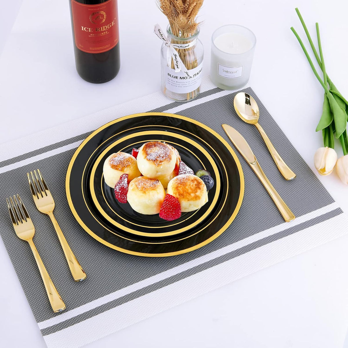 125 PCS Plastic Plates Set Gold Disposable Dinnerware Set for 25 Guests