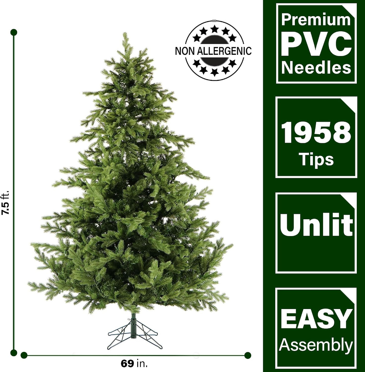 Fraser Hill Farm 7.5-Ft. Woodside Pine Artificial Christmas Tree with Stand and No Lights, Unlit Foldable Fake Christmas Tree with Realistic Foliage for Home Decoration